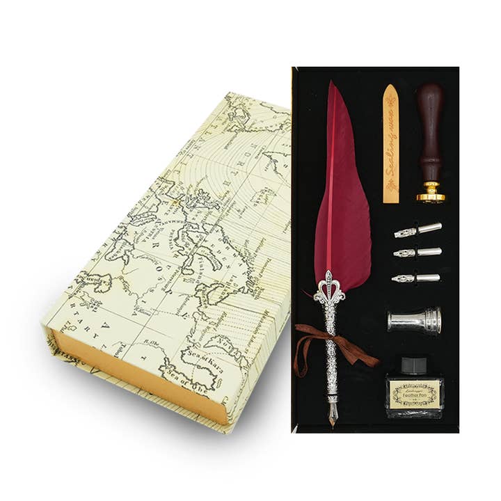 Quill Pen Map Magnetic Box Gift Set - Maroon for wholesale by Mad Witch Ltd