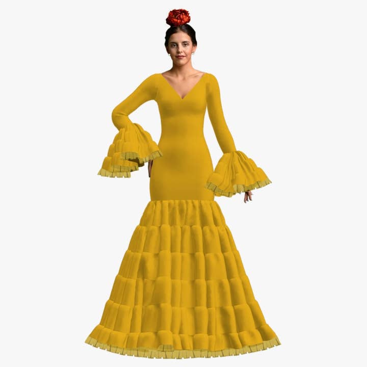 Canastero Maxi Mustard Yellow Flamenco Dress for wholesale on Faire