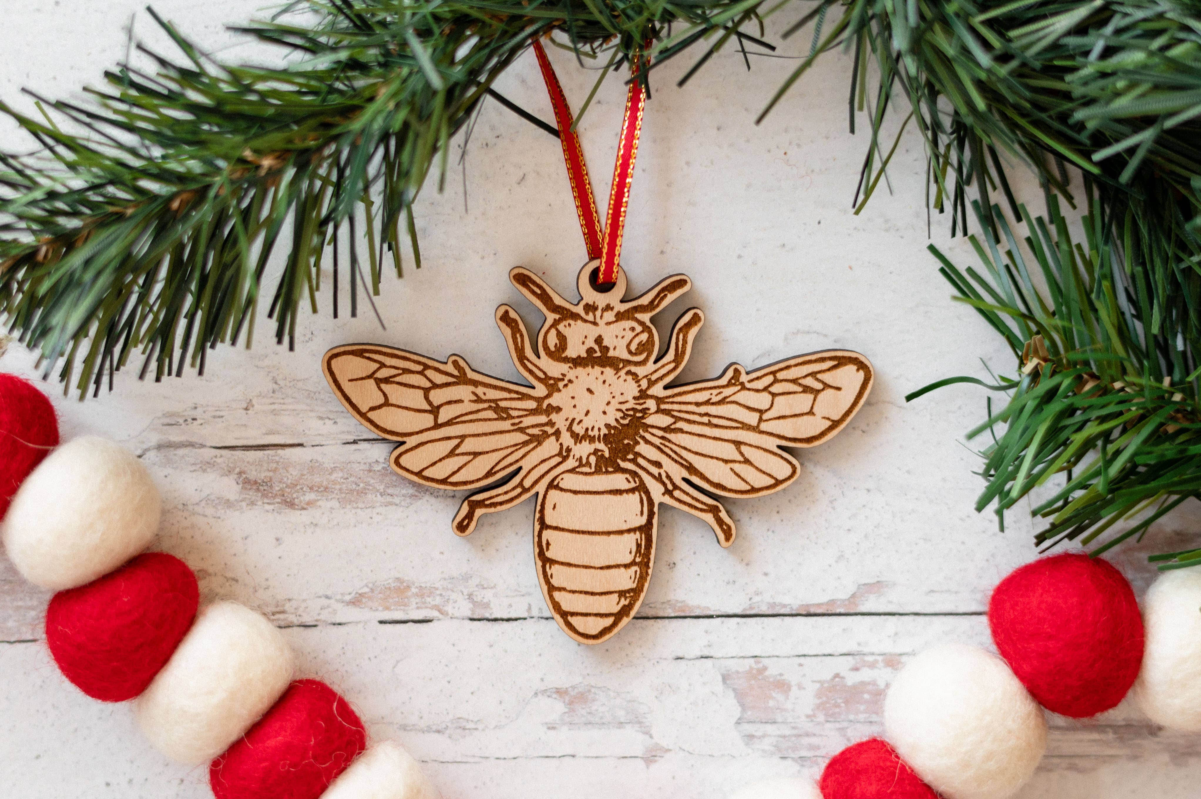 Reece Design Works - Wholesale Ornament - Engraved Wood Bee Christmas Ornament1