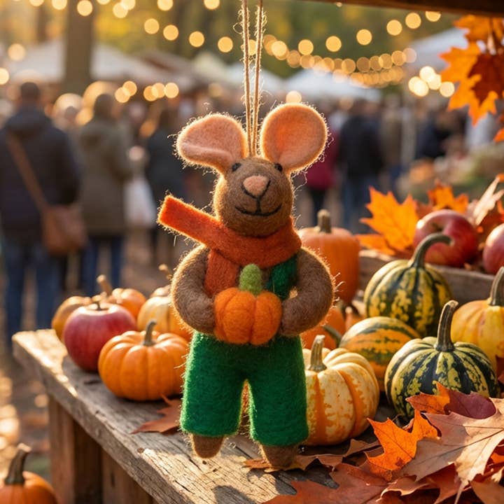 Handmade Felt Pumpkin Harvest Mouse Autumn Hanging Dec for wholesale by Felt So Good