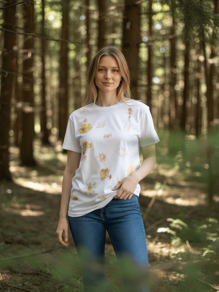 Camiseta estampada a mano con flores para venta al por mayor de Eucalipto y mimosa