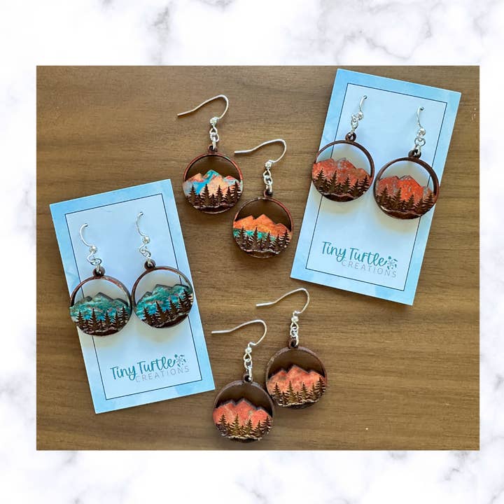 Forest Mountain Engraved Circle Wood Earrings for wholesale by Tiny Turtle Creations