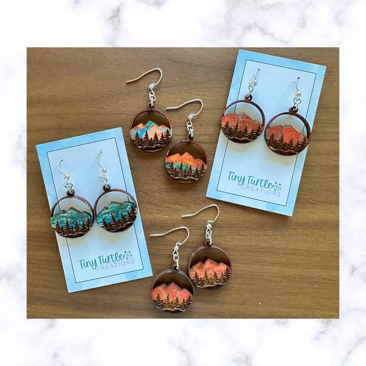 Forest Mountain Engraved Circle Wood Earrings for wholesale by Tiny Turtle Creations