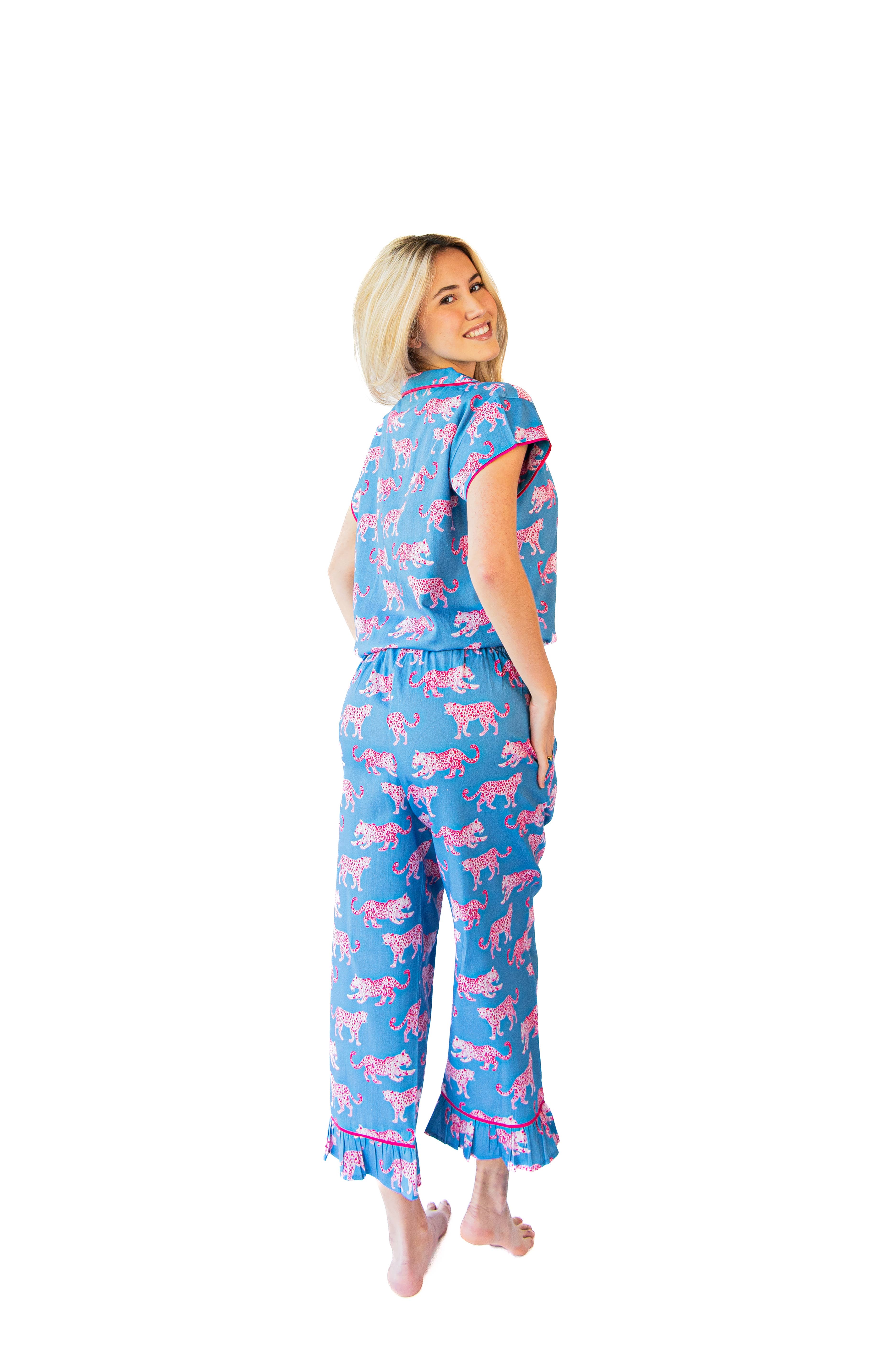 Pink Leopards Luxe Sateen Capri Pajama Set - Blue & Pink for wholesale on Faire1
