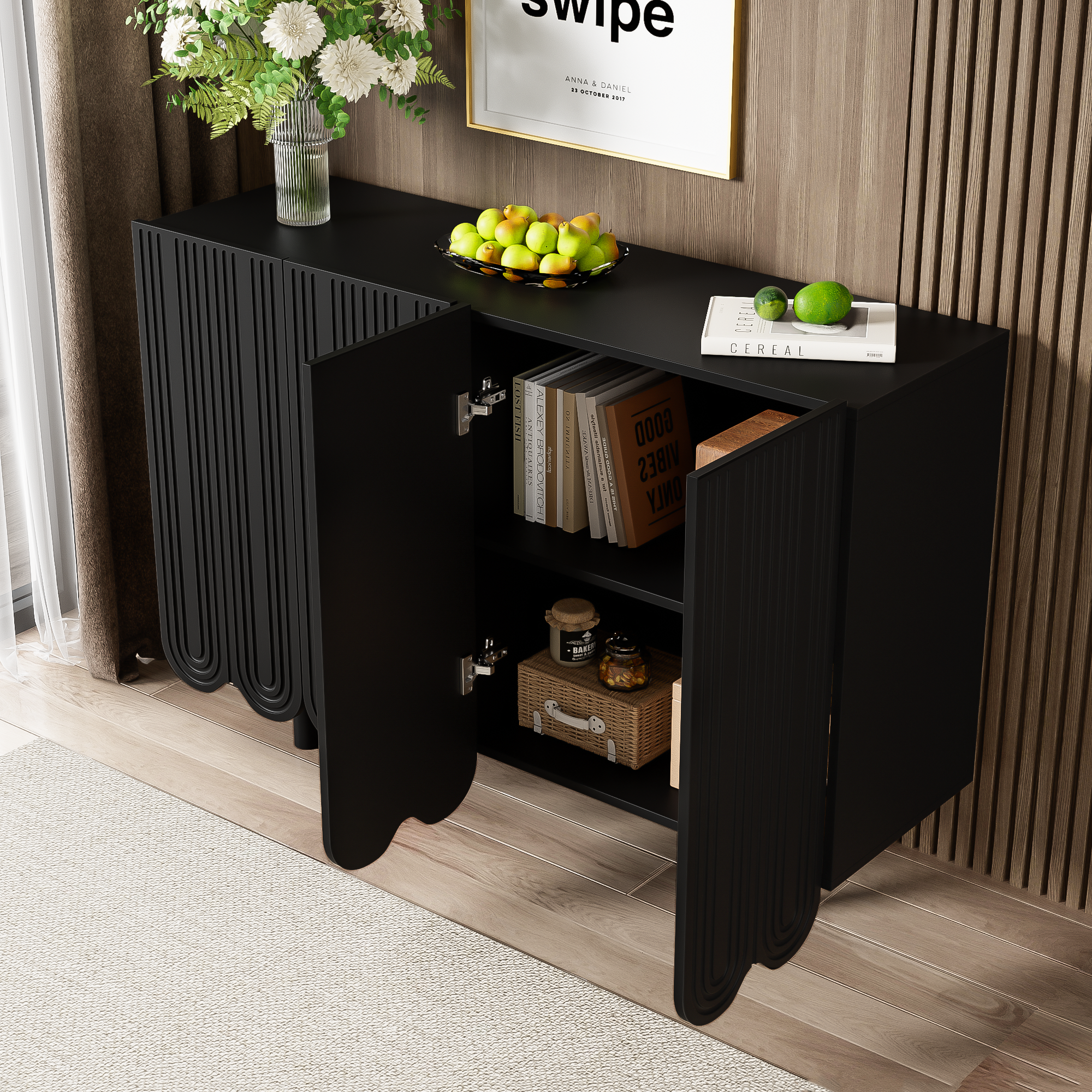Urban Meuble - Wholesale Sideboard - Black buffet with 4 doors, pattern, and storage 120*37.5*80.8 cm EVRENS BLACK8