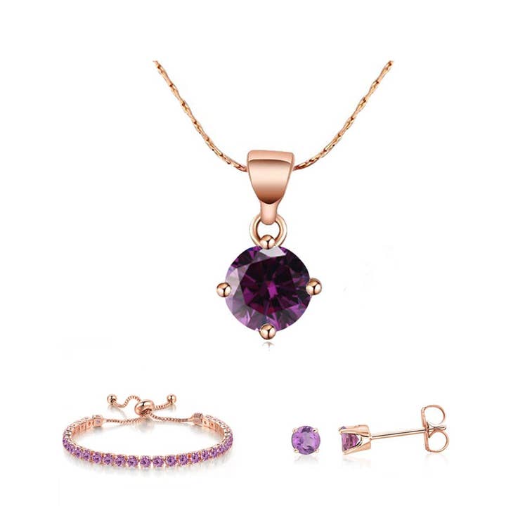 Ensemble de collier, boucles d'oreilles et bracelet en or rose 10 carats 6 carats avec améthyste artificielle ronde pour la vente par Paris Jewelry