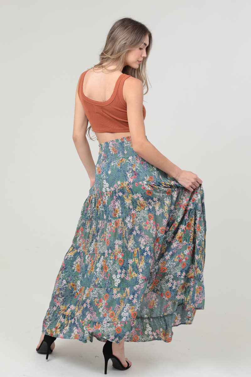 ANGIE - Wholesale Rok - Dames - 26P57-A625 BEDRUKTE GELAAGDE A-LIJN SMOCKTALIE MAXIROK2