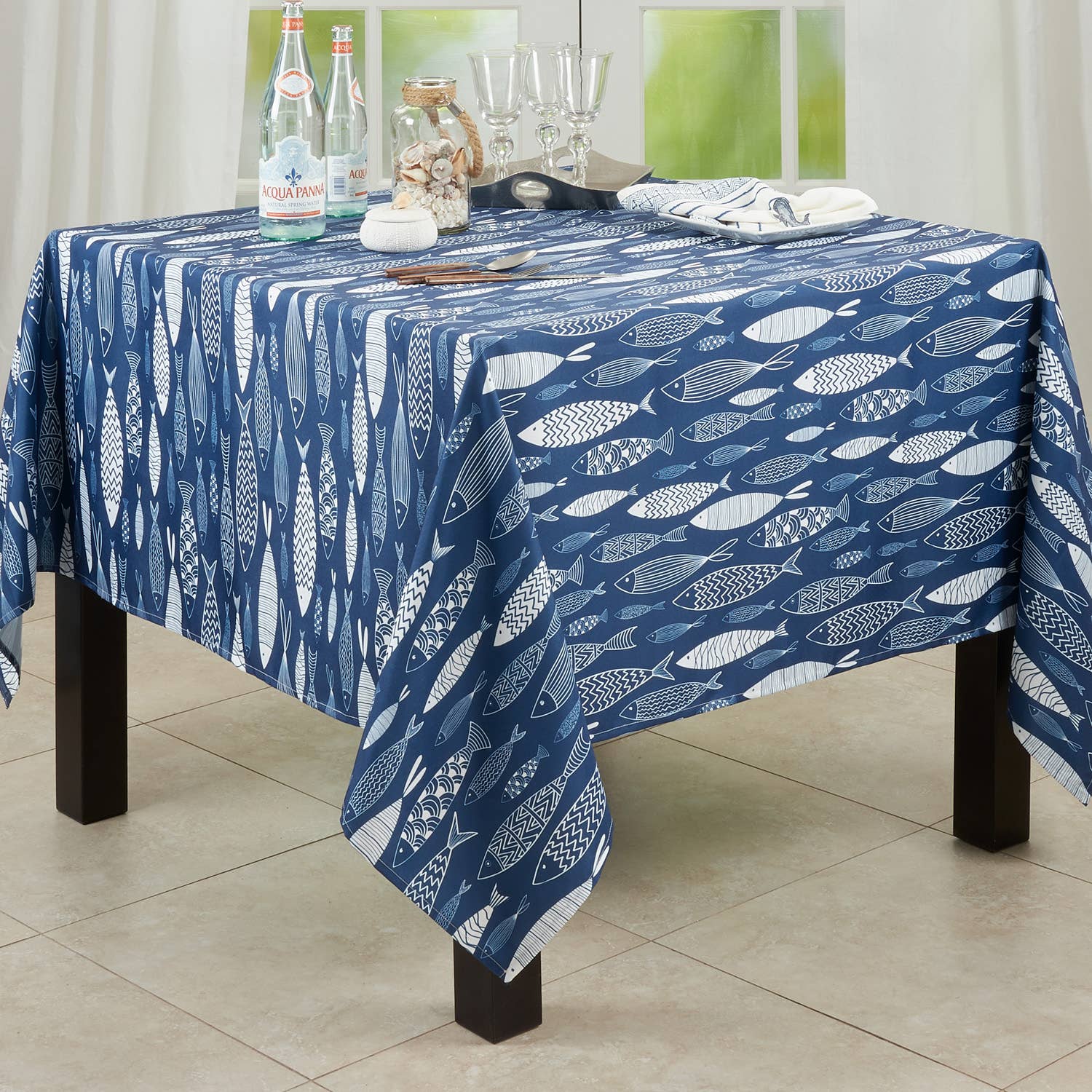 Fennco Styles – wholesale Tablecloth – Unique Fish Navy Blue Tablecloth0