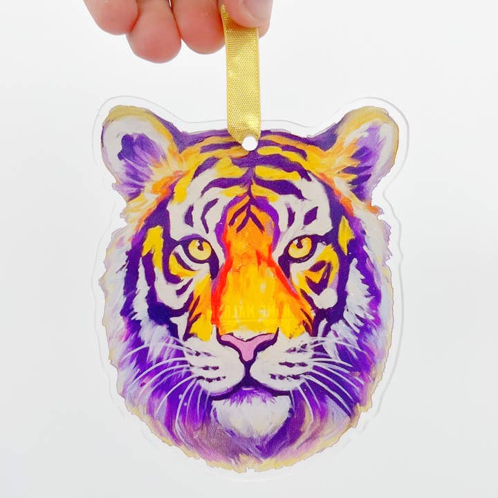 Purple and Gold Tiger Head Acrylic Ornament-Louisiana for wholesale by Home Malone