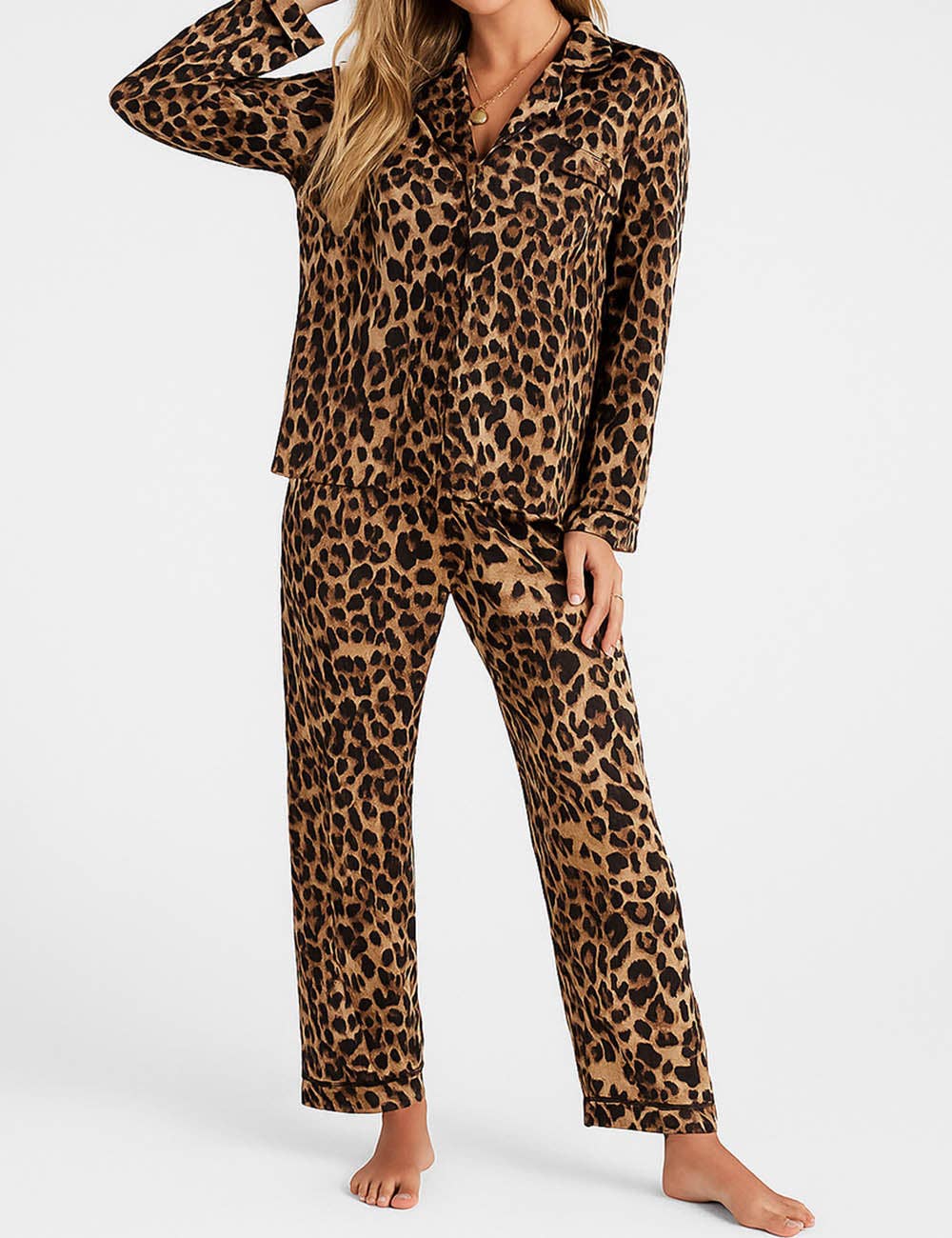 Ladies Satin Leopard Lapel Collar Shirt & Pants Pajama Set for wholesale on Faire0