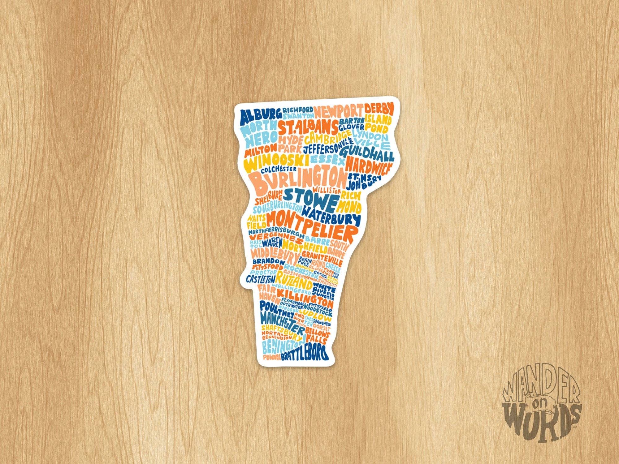 Wander On Words - Wholesale Sticker - Hand-Lettered Vermont Towns Map Sticker3