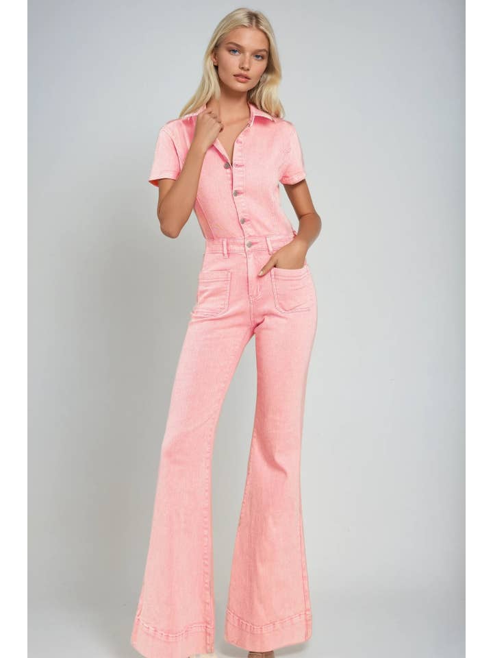 ROSE PETITE ACID WASHED BOOTCUT LEG DENIM JUMPSUIT -4330RIB for wholesale on Faire