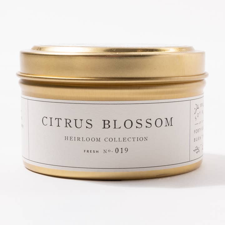 Citrus Blossom Gold Tin Candle for wholesale by Kindred Home