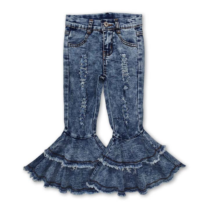 Distressed stretchy waistband jeans baby girls denim pants for wholesale by Yawoo Garments