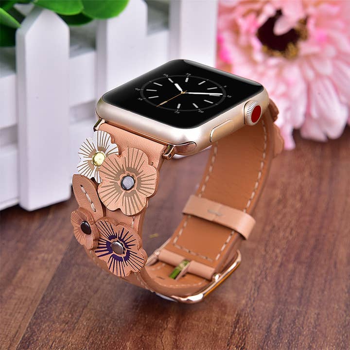 Blomster Læder Apple Watch Band Blomst Nitter Hånd Stitched for engroshandel hos ShopTrendsNow