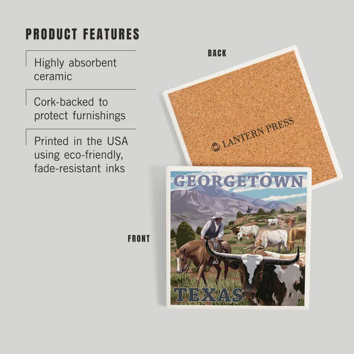 Lantern Press - Wholesale Coasters - CERAMIC COASTER Georgetown, Texas, Longhorns
