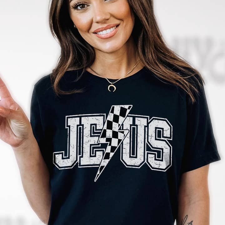 T-shirt met geruite bouten van Jesus voor wholesale door Psalms & Grace Design Co.