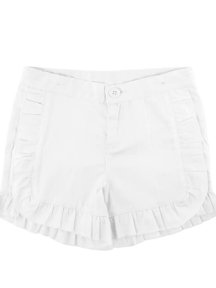 Girls White Ruffle Trim Woven Shorts
for wholesale by RuffleButts + RuggedButts