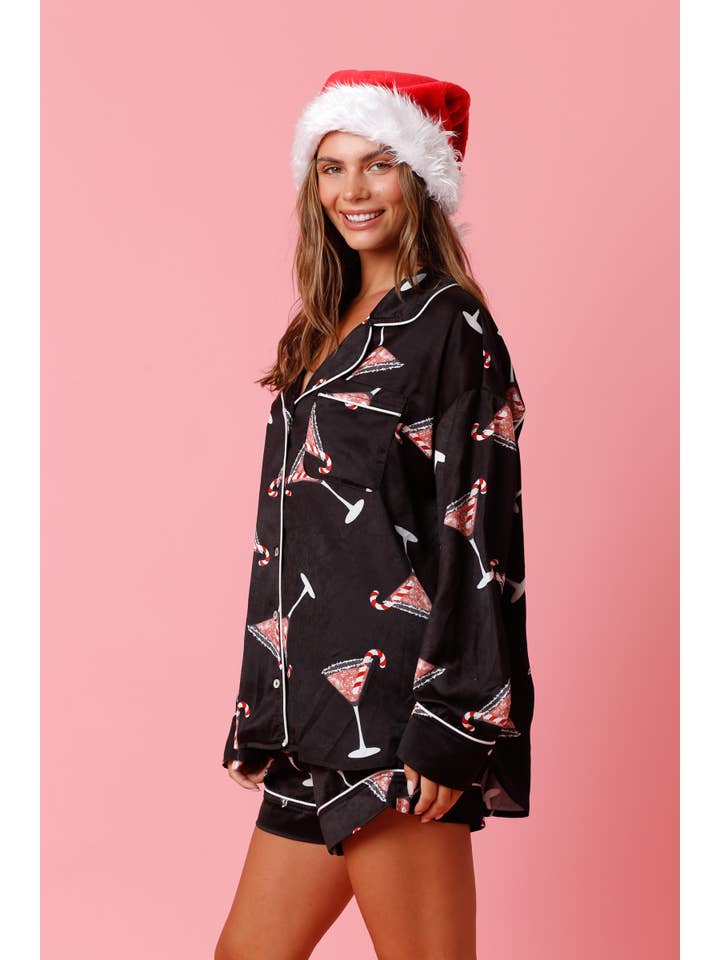 Peach Love California - Wholesale Shirt - Women's - Christmas Martini Pattern Satin Pj Top