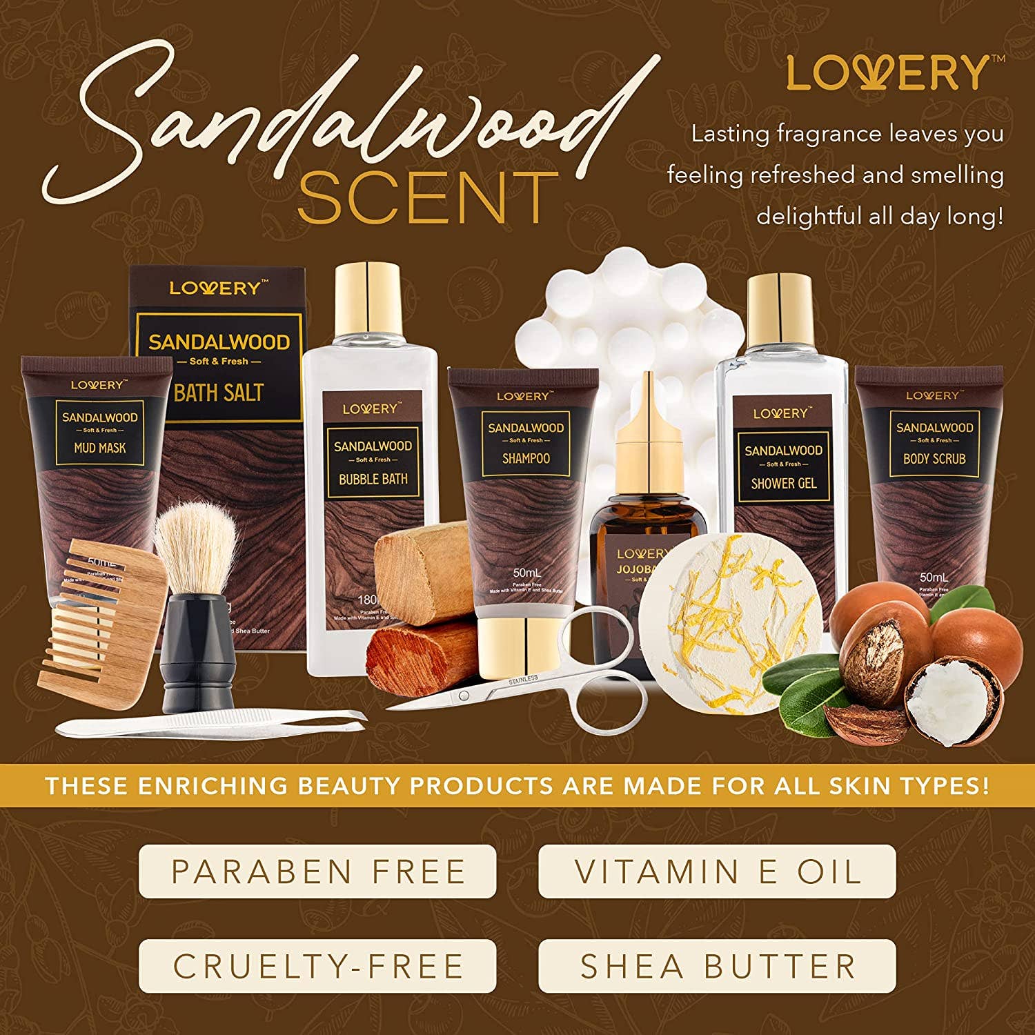 Lovery - Wholesale Bath & Body Set - Men's - Fathers Day 14Pc Sandalwood Bath Set, Beard Grooming Kit5