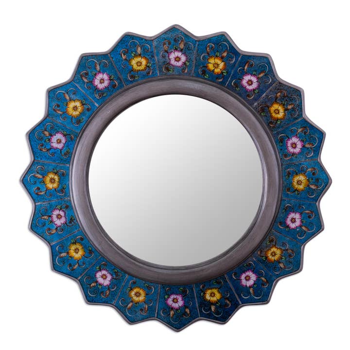 Novica Handmade Blue Star Reverse-Painted Glass Wall Mirror for wholesale by NOVICA