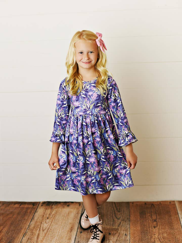 Kids Claire Lavender Floral Twirl Fall Winter Dress for wholesale by Adorable Sweetness