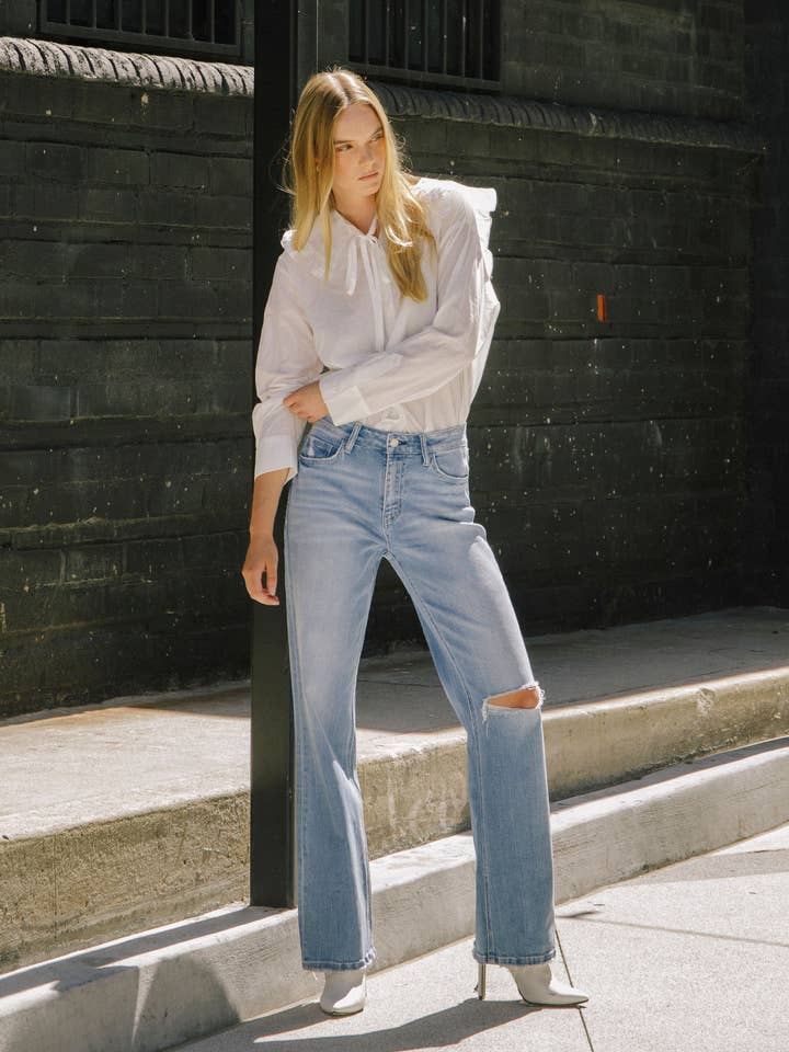 HIGH RISE DISTRESSED SLIM WIDE JEANS T6571 for wholesale by VERVET by FLYING MONKEY