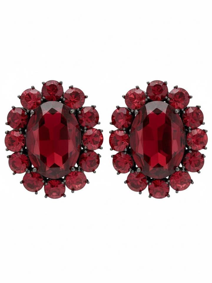 Ninon Oval Kırmızı Kristal Gümüş Küpe for wholesale by Ninon