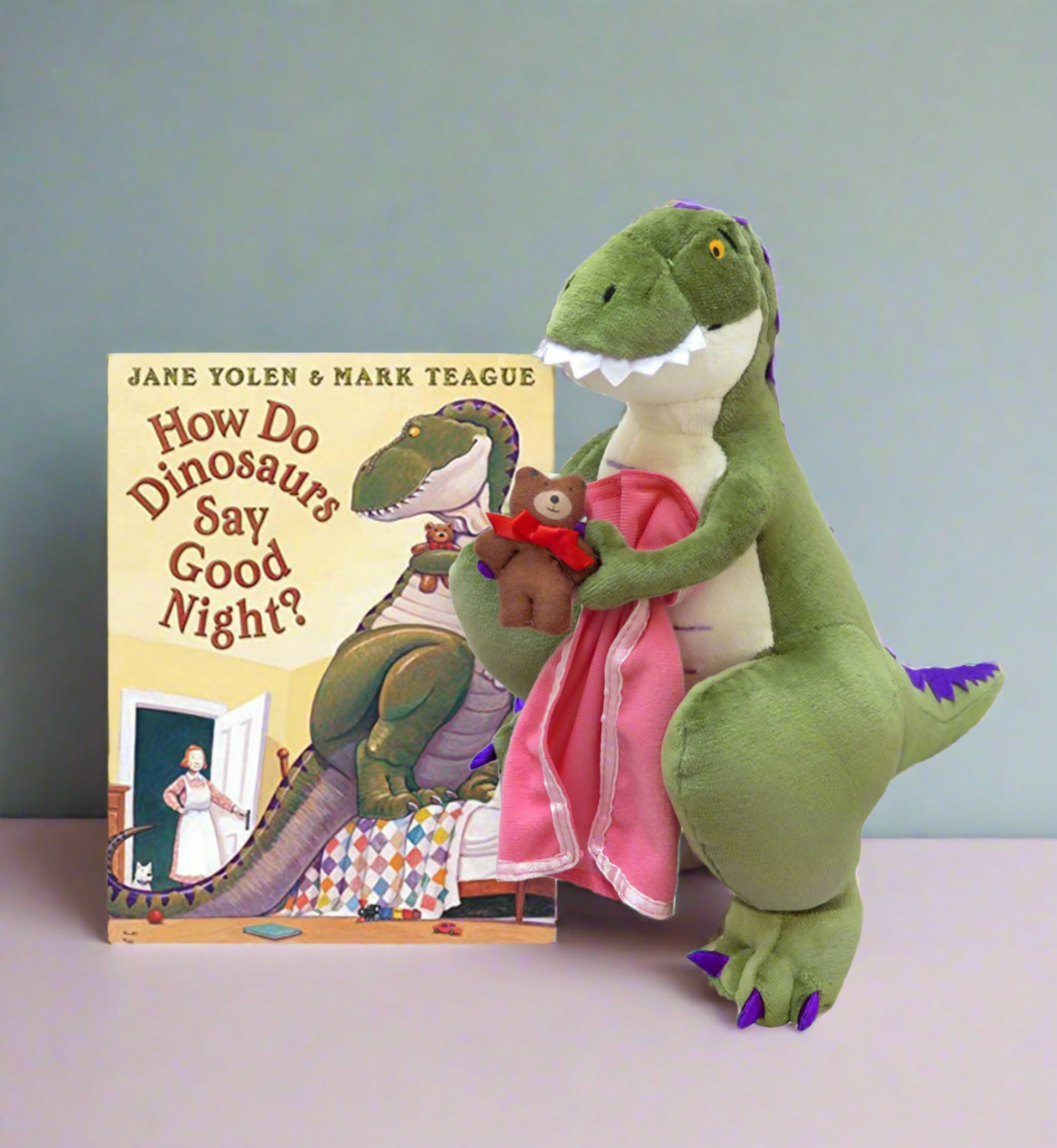 MerryMakers - Wholesale Stuffed/Plush Toy - Kids & Baby - How Do Dinos Say Good Night? 14" & Board Book Set1