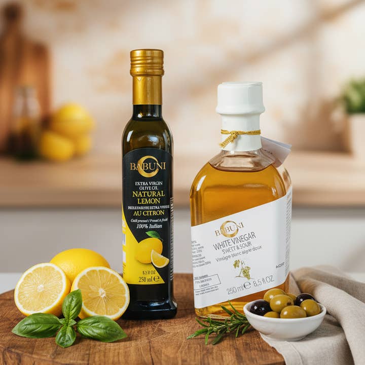 Lemon Olive Oil & White Balsamic Dressing Combo Pack for wholesale by BABUNI Gourmet & Specialties