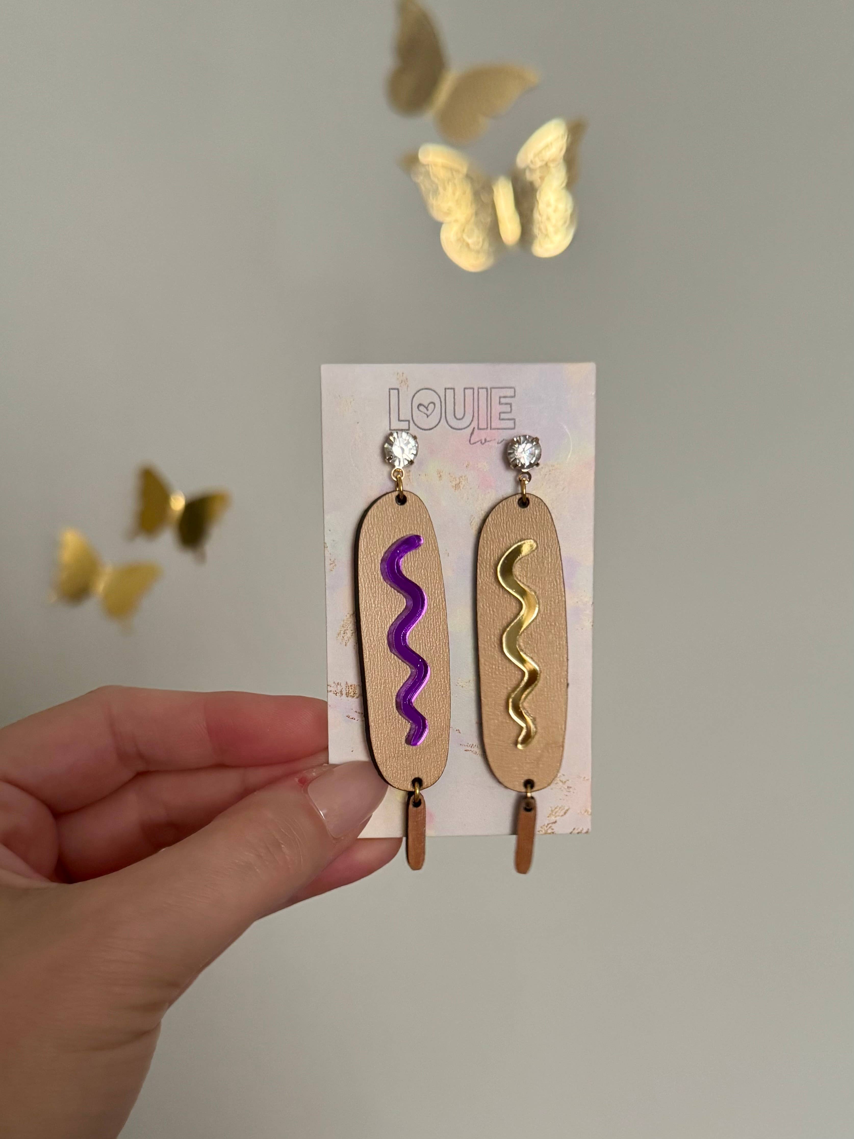 Louie Love - Wholesale Dangle Earrings - Acrylic Gameday LSU Purple Gold Corn Dog Earrings5