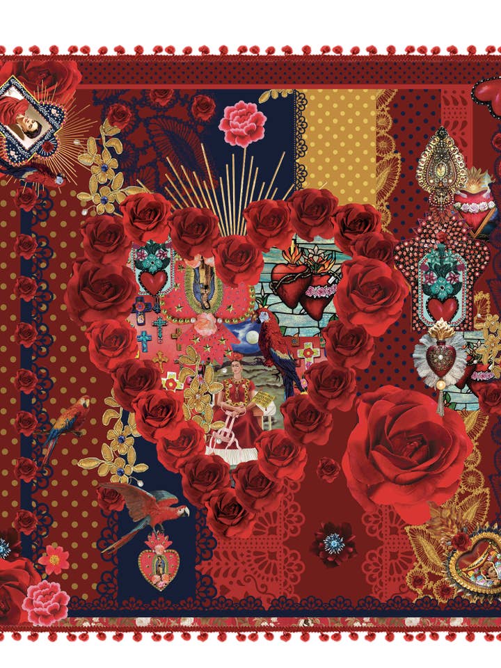 Printed wool square with tassels 130x130cm CORAZON for wholesale by BROKANTE