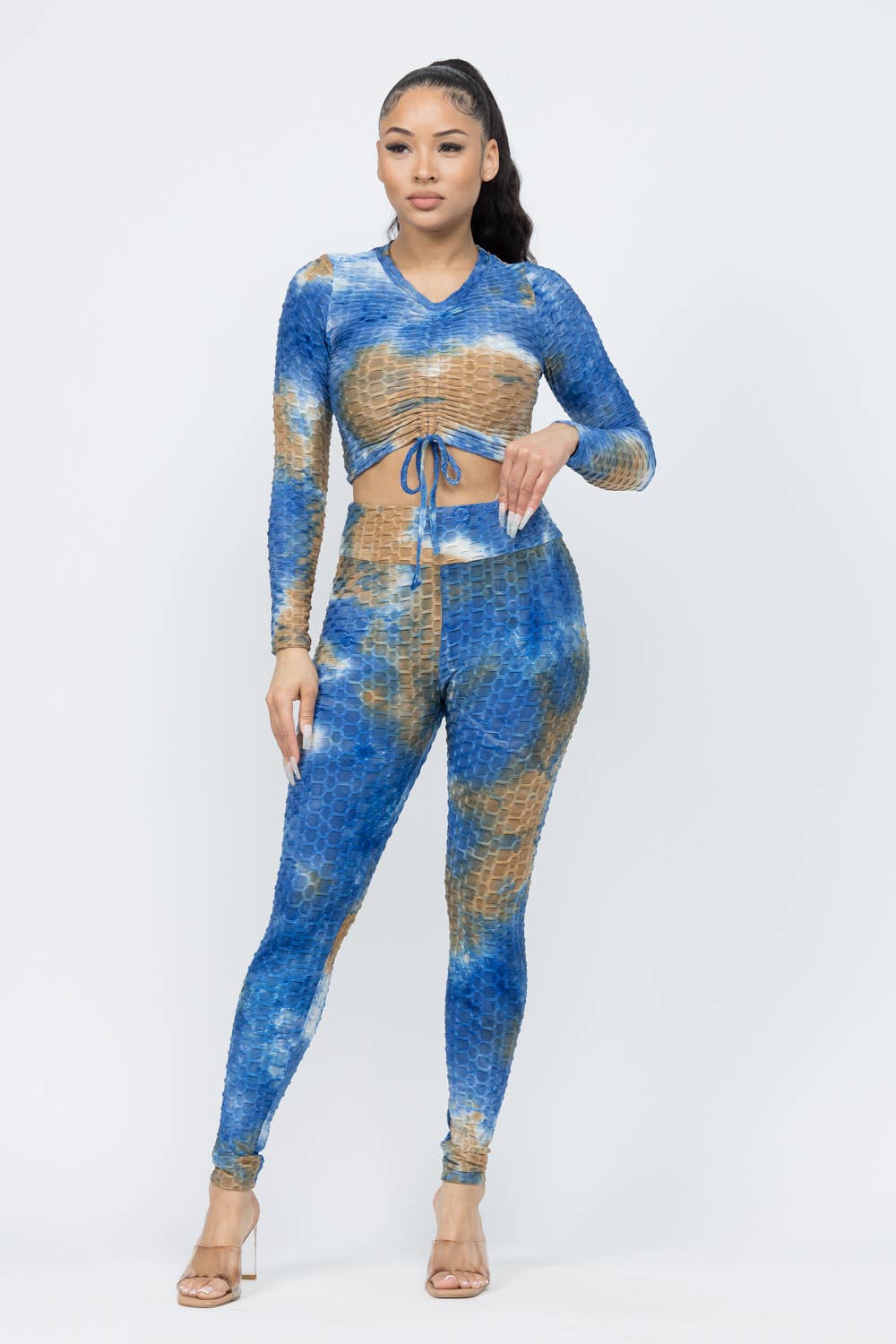 Julia by LoveJ - Wholesale Top & Pant Set (NOT Loungewear) - Women's - Honeycomb TieDye Shirring Tie Top And Leggings Set1