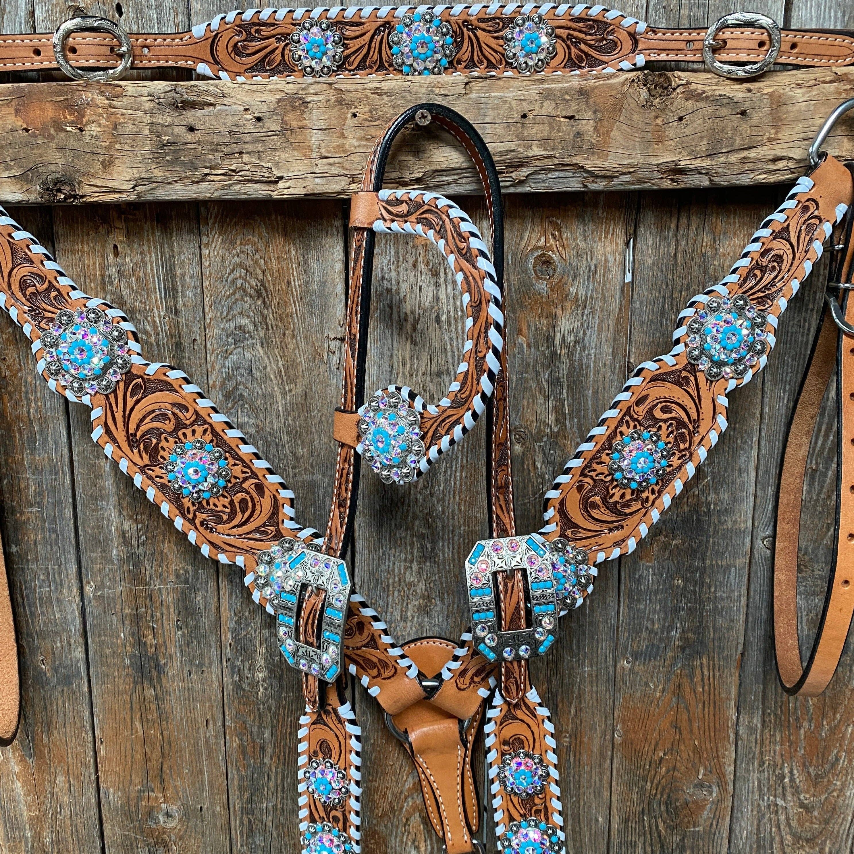 Rodeo Drive - Wholesale Horseback Riding Gear - Whipstitch Turquoise & AB Browband/One Ear Tack Set with Wither Strap  #BBBC4631