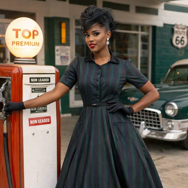 Penelope II Black & Green Stripe Shirt Dress for wholesale by Dolly & Dotty