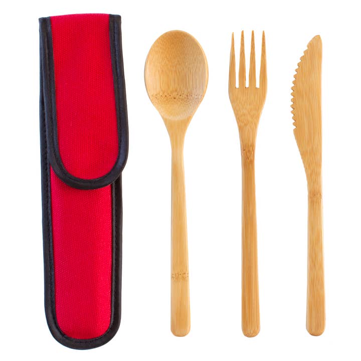 Reusable Bamboo Take-Along Utensil Set, Red for wholesale by Totally Bamboo