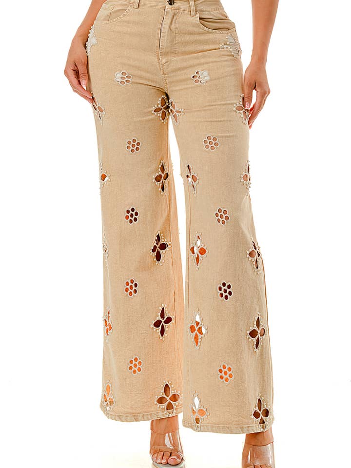 (SP5058)Pantalon large à découpes florales en perles pour la vente par SALT