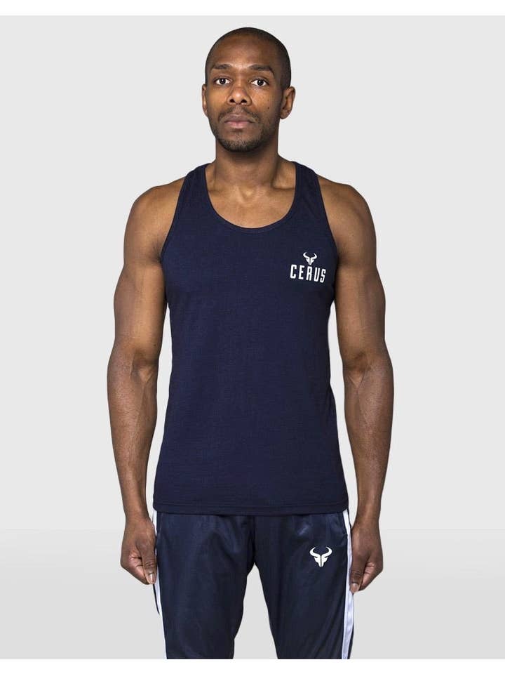 Cerus Clothing - Wholesale Tank top – Men's - Cerus Navy Stringer Vest with White small print logo1