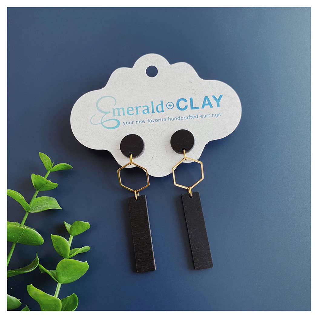 Emerald and Clay - Wholesale Dangle Earrings - Wood Earrings - Metal Hex with Wood Bar0