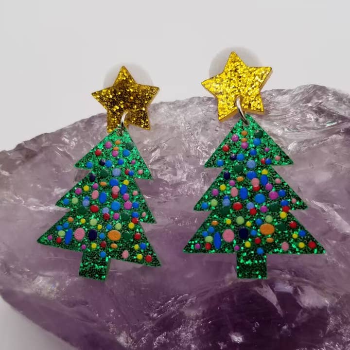 magnolia jewelry - Wholesale Dangle Earrings - Glitter Acrylic Christmas Tree Earrings