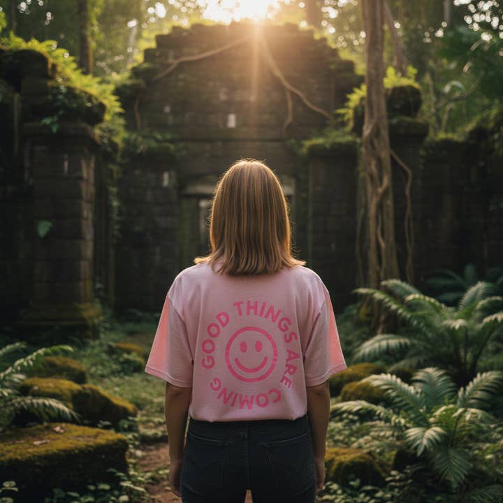 Unisex T-shirt in pink with back print "Good things are coming" for wholesale by cool people club
