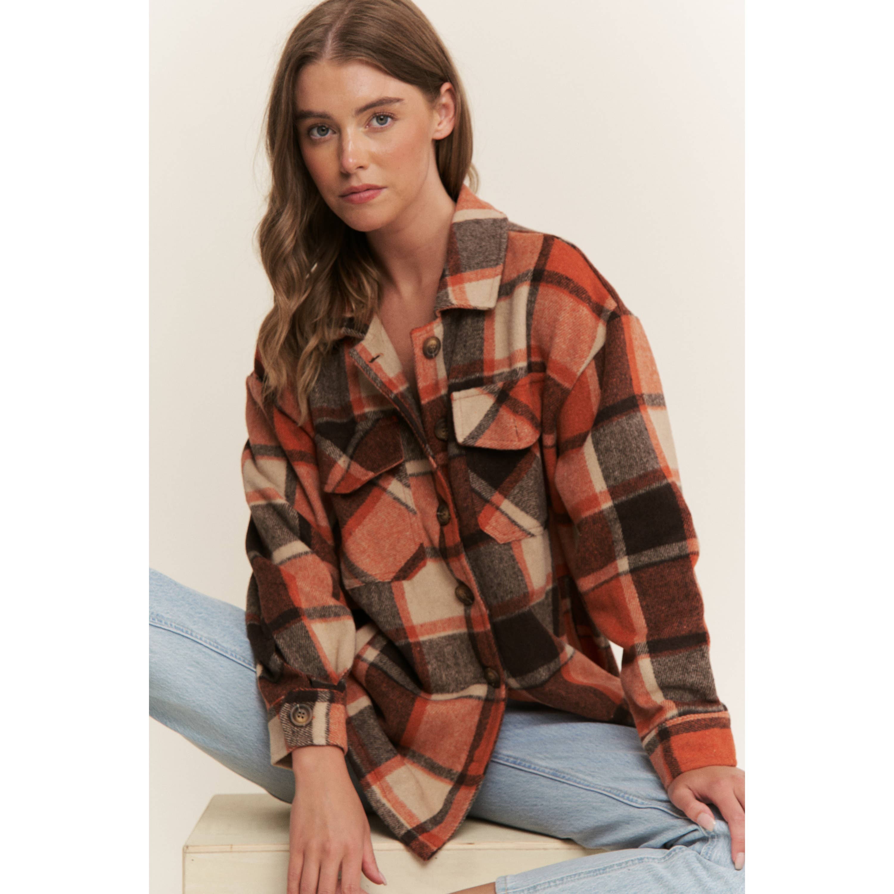 Sweet Generis - Wholesale Shirt Jacket/Shacket - Women's - FUZZY PLAID BUTTON DOWN FLANNEL SHIRT JACKET4