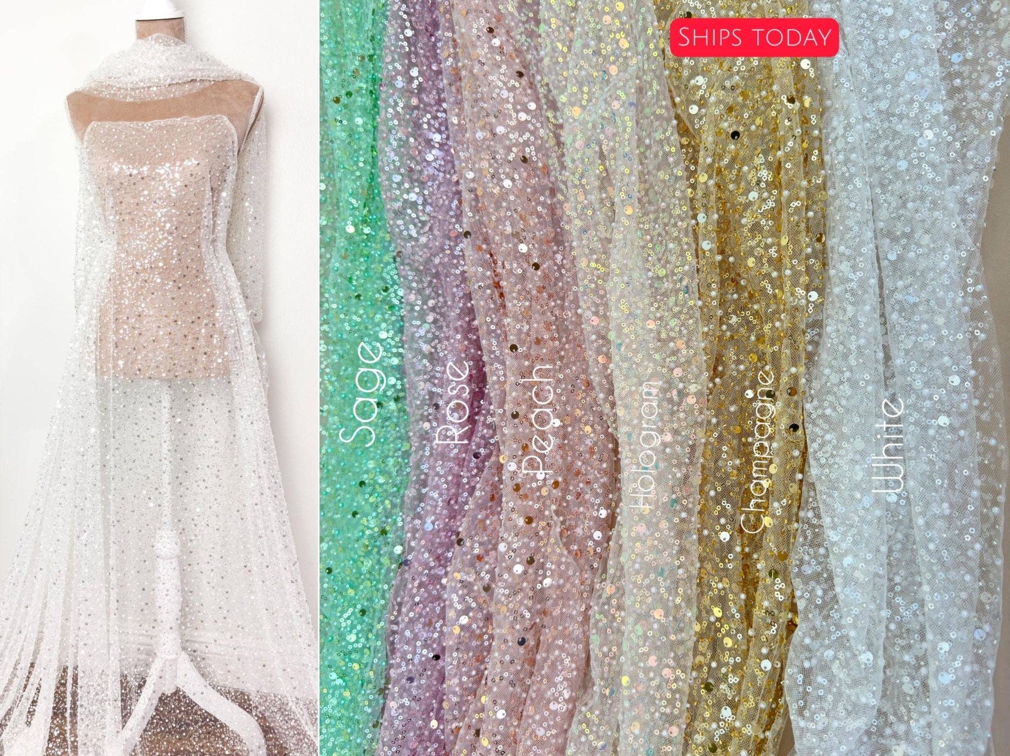 GalaTextile – Engroshandel Stofbolt – Luksuriøst brudepaliet- og perlebroderet blonde stof pr. meter med glimt8