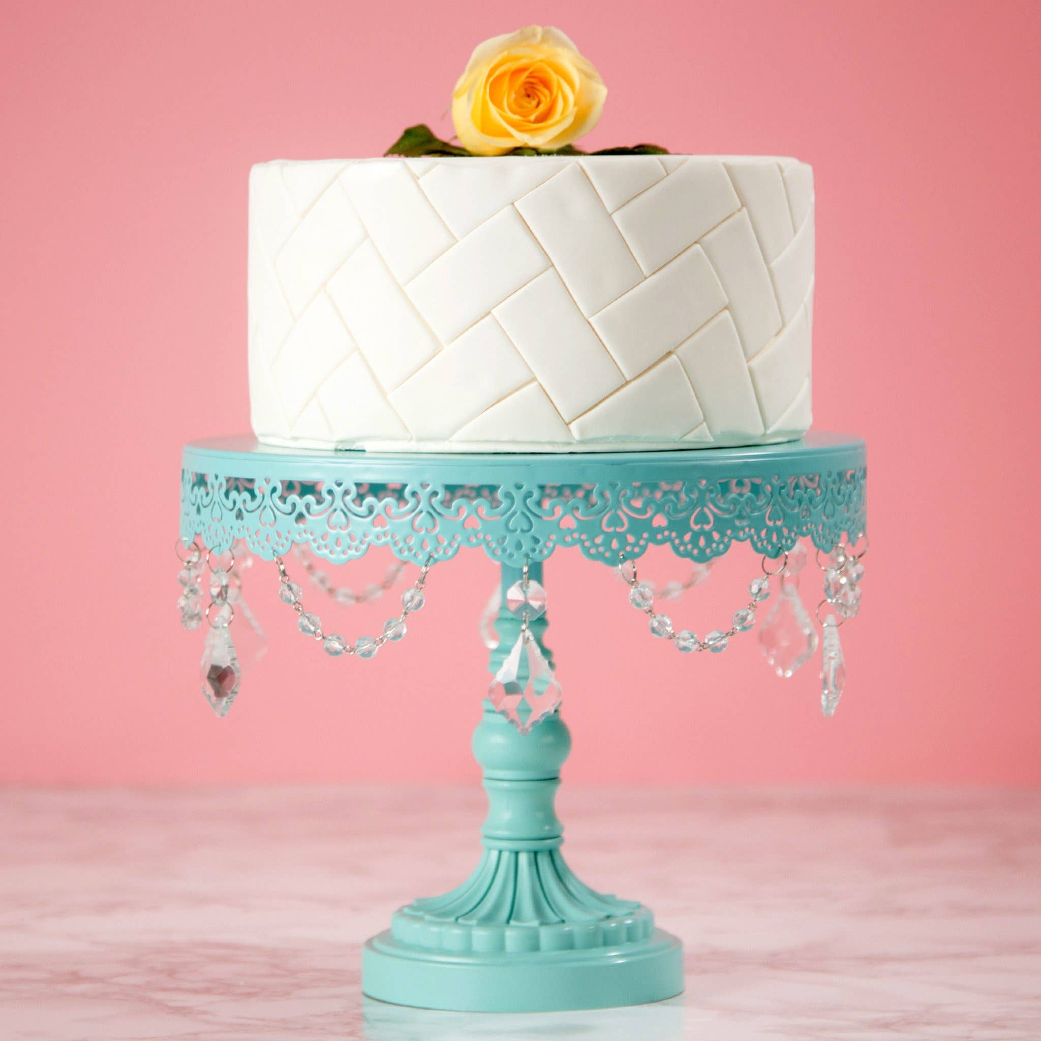 Amalfi Decor - Wholesale Cake Stand - 10 Inch Crystal-Draped Round Metal Cake Stand - Teal4