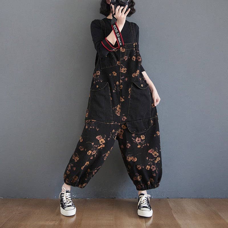 Plush Looks - Wholesale Overalls - Women's - Loose Floral Printed Denim Capri Overalls1