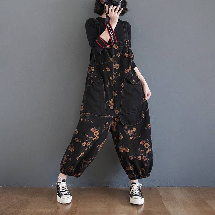 Plush Looks - Wholesale Overalls - Women's - Loose Floral Printed Denim Capri Overalls1