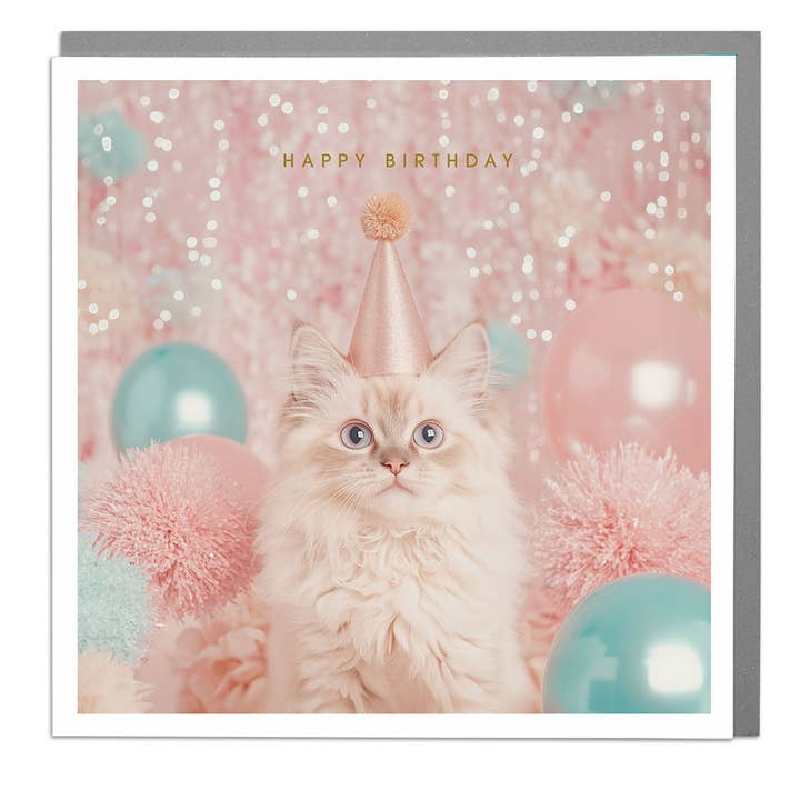 Cat Wearing a Party Hat - Happy Birthday Card by Lola Design for wholesale by Lola Design Ltd
