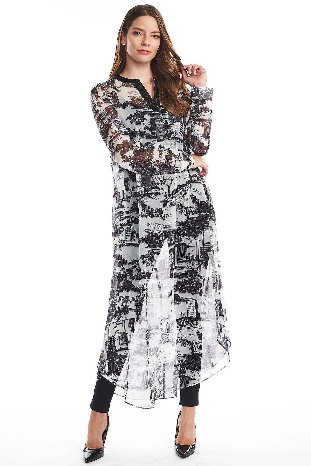 TOV – Engroshandel Tunika - Dame – [OP4162] Faux læder Trim Trykt Sheer Tunika6