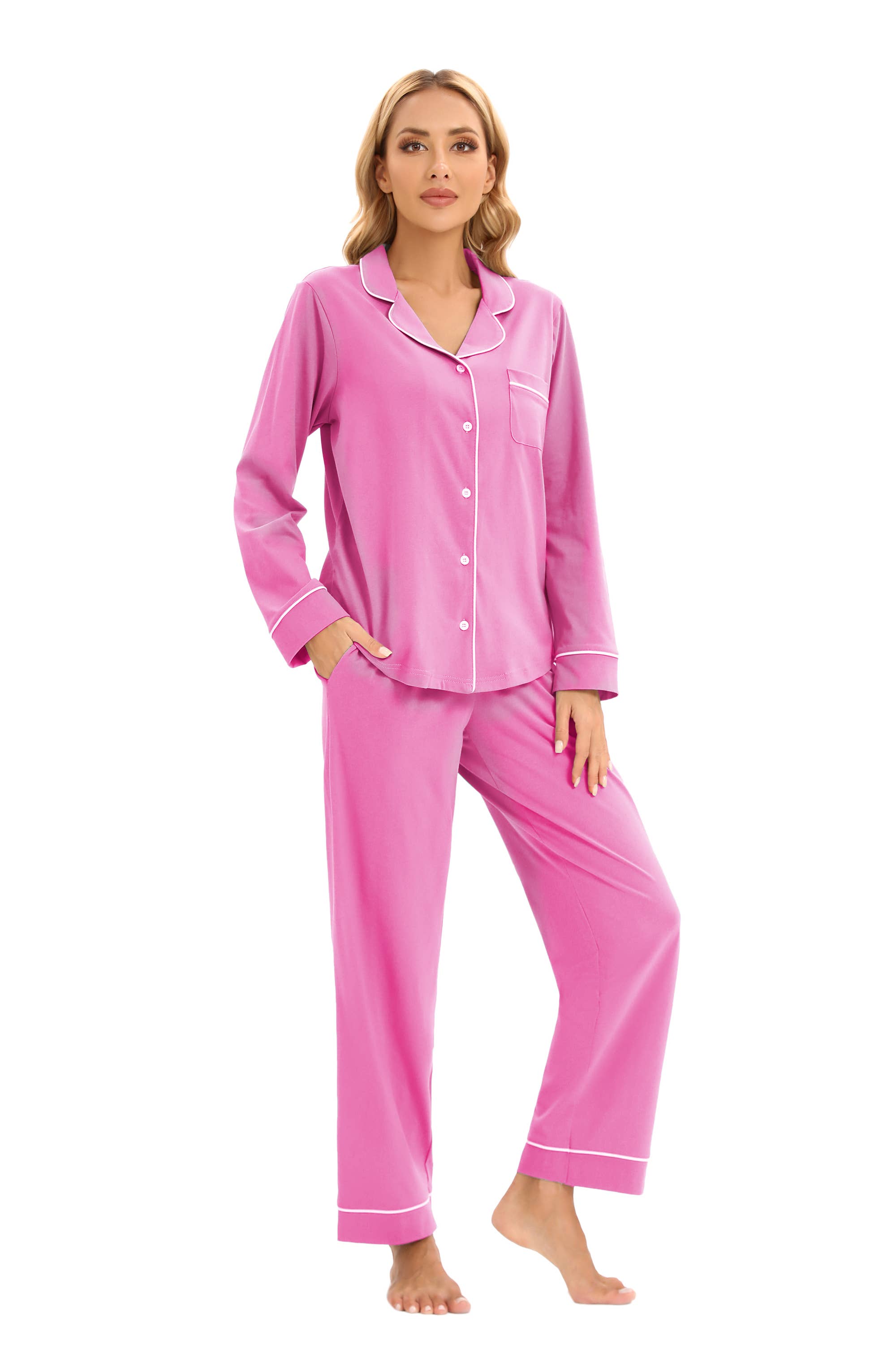 GEXWORLDWIDE - Vente Haut et bas de pyjama – femme - Ensemble de pyjama femme 100 % coton à manches longues multicolore16
