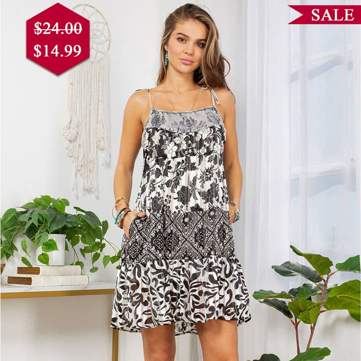 Grey Embracing Whimsy With Multi-Tiered Patchwork Babydoll Dress for wholesale on Faire